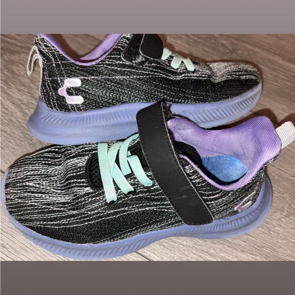 CHARLY Girls Cross Stitch Tennis Shoes Athletic Black Purple Size 1 Pre-loved - Picture 2 of 8